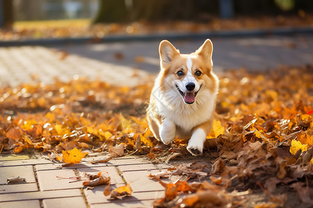 柯基狗小狗在落叶上奔跑背景