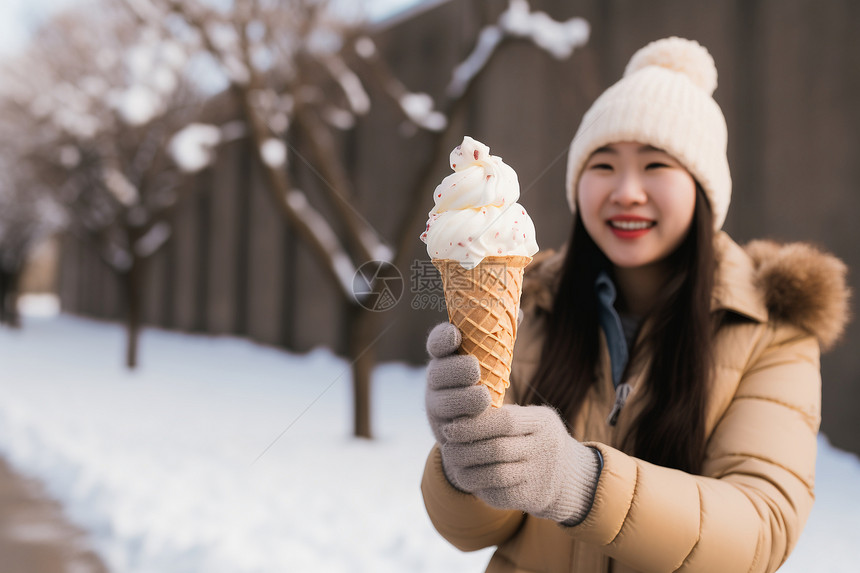 冬季户外吃冰淇淋的女孩图片