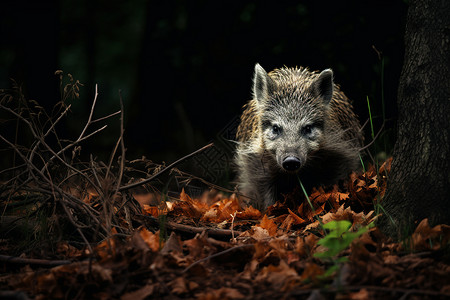 喂养动物秋叶森林中的一只野猪背景