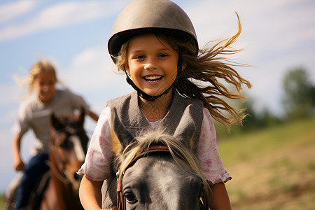 小女孩骑马快乐奔跑背景图片