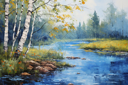 油画颜料河流穿过森林插画