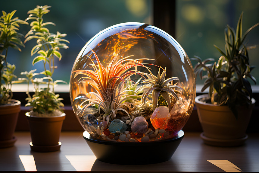 阳光照耀下的玻璃植物盆栽图片