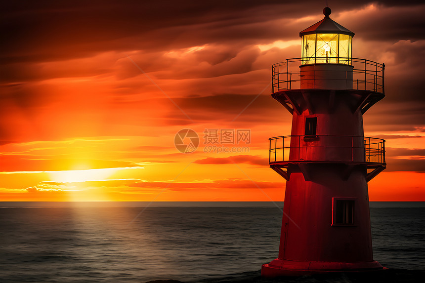 夕阳下海边的一座红色灯塔图片