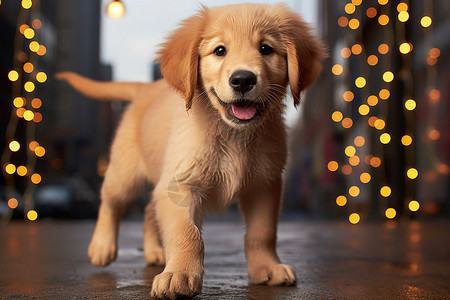 小狗在城市街道上散步背景图片