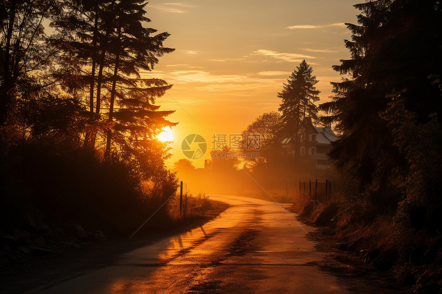 夕阳映照下的林间小路图片