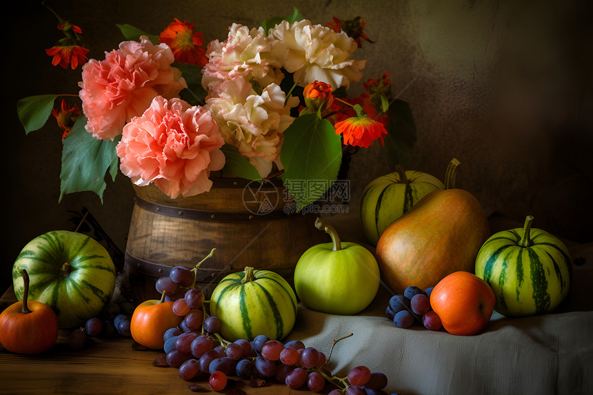 桌子上的水果和花束图片