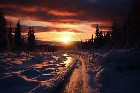 冬日太阳冬日夕阳路上的雪景背景