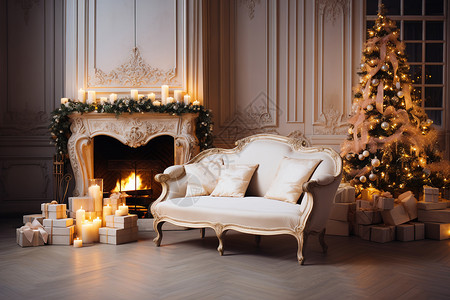 豪华客厅的圣诞树背景图片