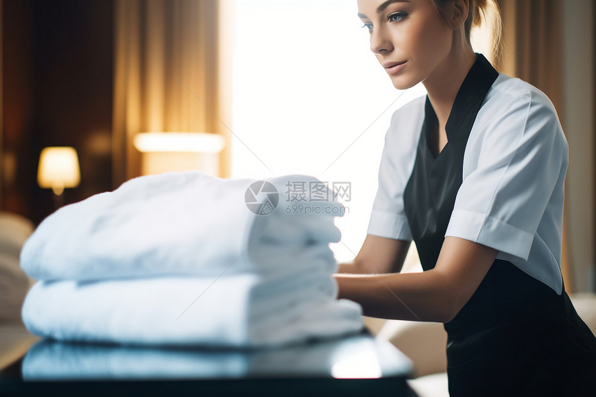 酒店员工整理床单图片