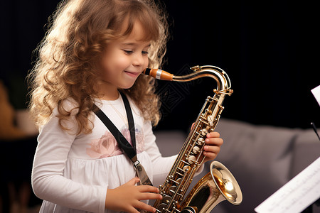 小女孩在舞台上吹奏萨克斯风背景图片