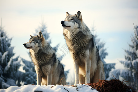 狼群素材冬季雪山中的狼群背景