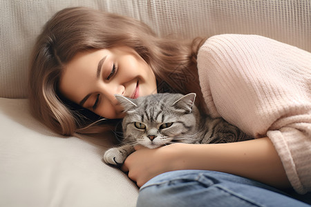 女孩逗猫窝在女人怀里的猫背景