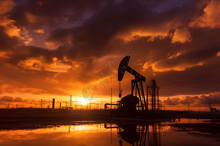 夕阳映照的石油田背景图片