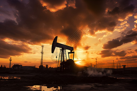余晖中的石油田背景图片