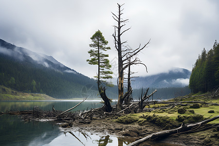 湖畔孤独的树背景图片