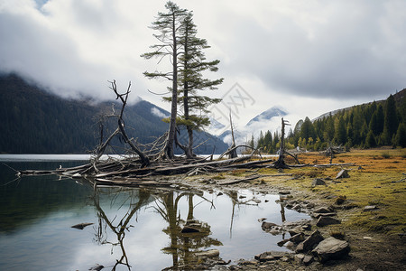 湖边的树背景图片