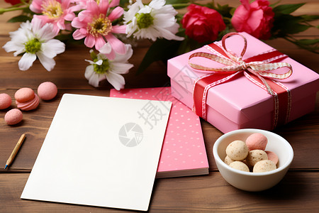 粉色信件盒上的卡片和蝴蝶结背景