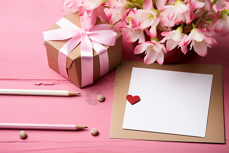粉色信件桌上有一张卡片和礼物背景