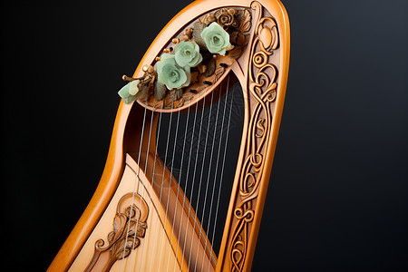 花边装饰的木制竖琴背景图片