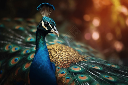 孔雀羽毛蓝绿色张开尾巴的美丽孔雀背景