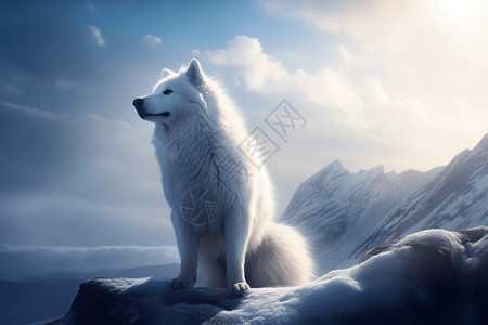 山脉上的白色小狗背景图片
