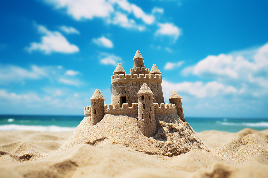 儿童堆砌的沙滩城堡图片