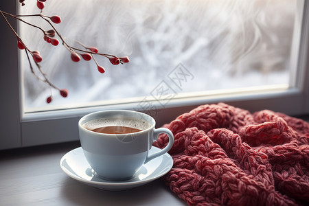 窗边冬日温暖的咖啡背景图片