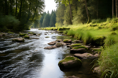 涓涓流淌的森林小溪流高清图片