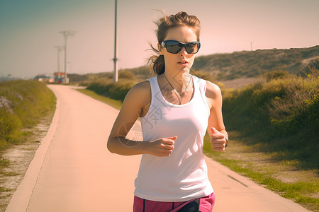 夏季户外跑步锻炼的外国女子背景图片