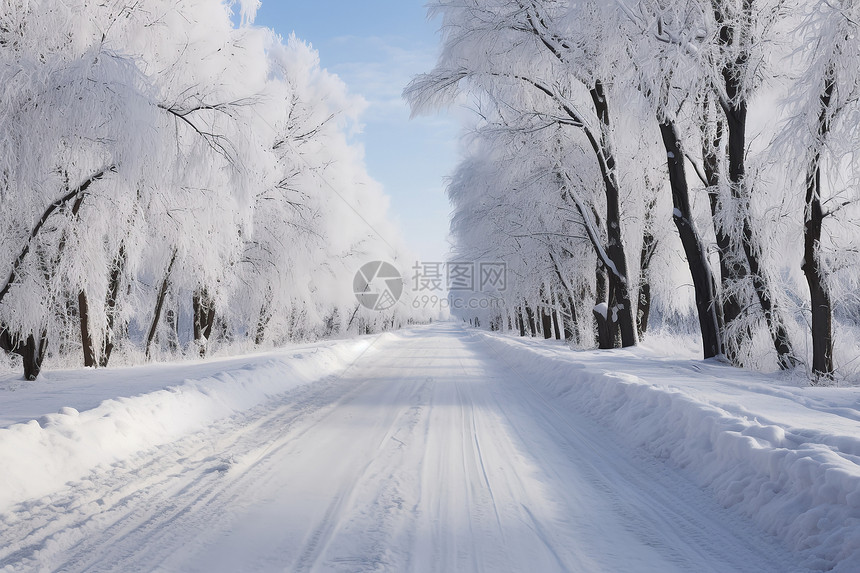 林间积雪的道路图片