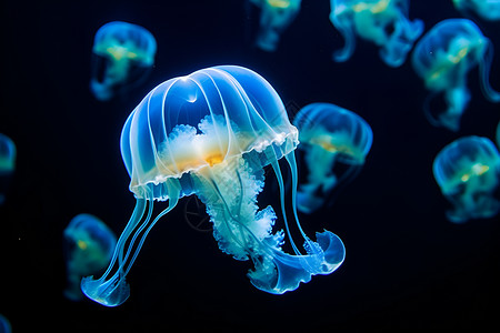 水下水族馆里一群水母高清图片