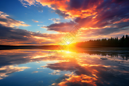 日出丛林湖泊的美丽景观背景图片