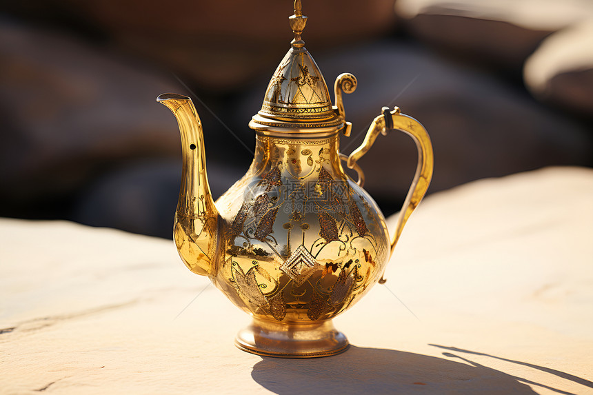 阳光下的黄金茶壶图片