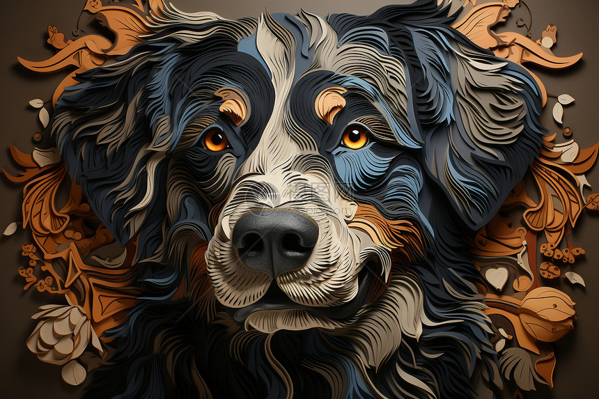 3D剪纸风的宠物狗狗头像插图图片