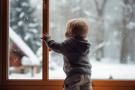 小孩透过窗户望出雪景背景图片