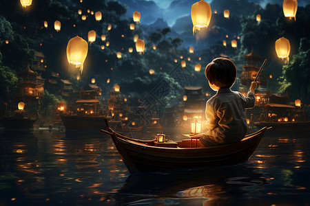 传统节日船只上的小男孩背景图片