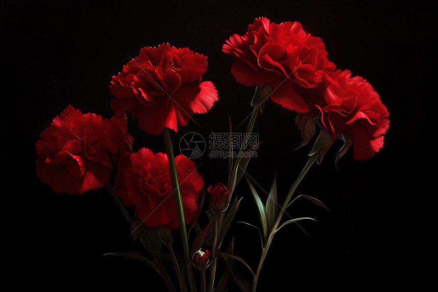 黑色背景上的红色康乃馨图片