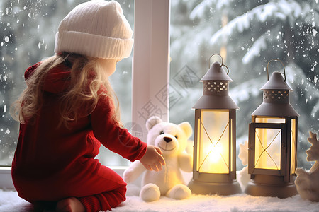 冬日窗边欢乐小女孩背景图片