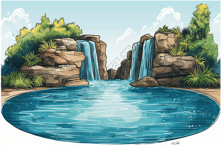 岩石瀑布特征的温泉插画