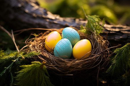 彩蛋素材鸟巢里的彩色鸟蛋背景