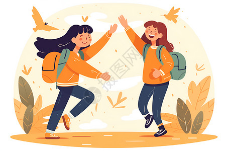 学生喜悦草地上欢呼的两个学生插画