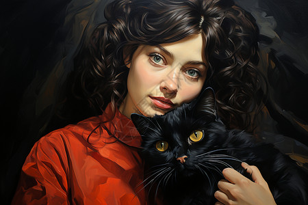抱着黑猫的女孩背景图片
