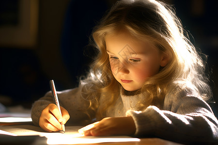 唱歌的女孩插画小女孩专注地写作业背景