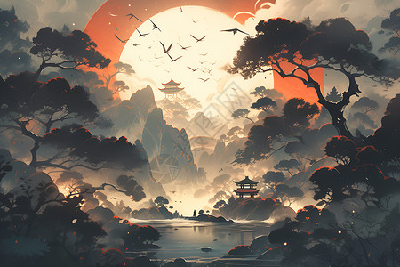 夕阳余晖下的江山如画背景图片
