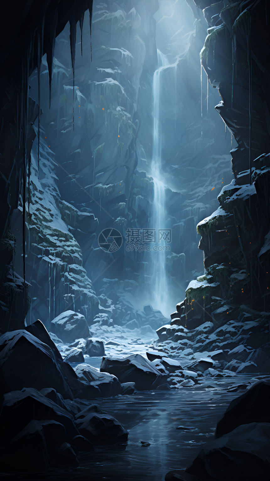 山洞中冰冻的瀑布图片