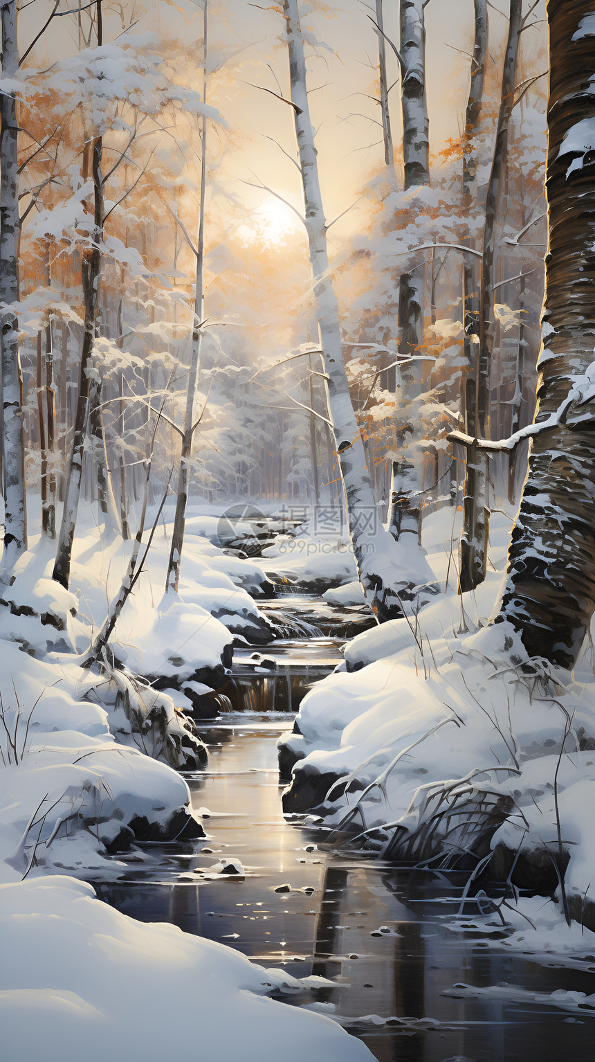 冬日雪景中的森林小溪图片