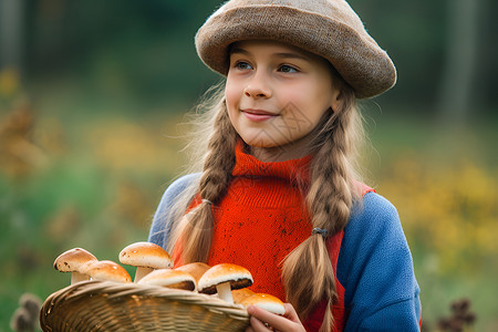 采蘑菇的小女孩背景图片