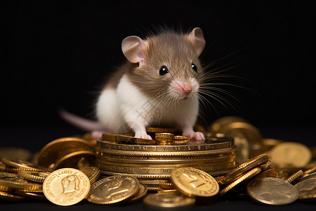 小老鼠在金币堆上宠物高清图片素材