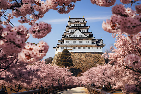 樱花绽放的城堡背景图片