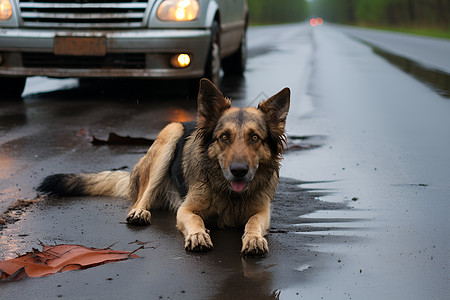 一只狗在雨天湿漉漉的道路边背景图片